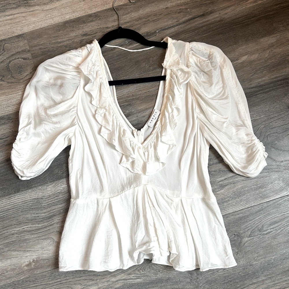 Sandro White Ruffled Blouse